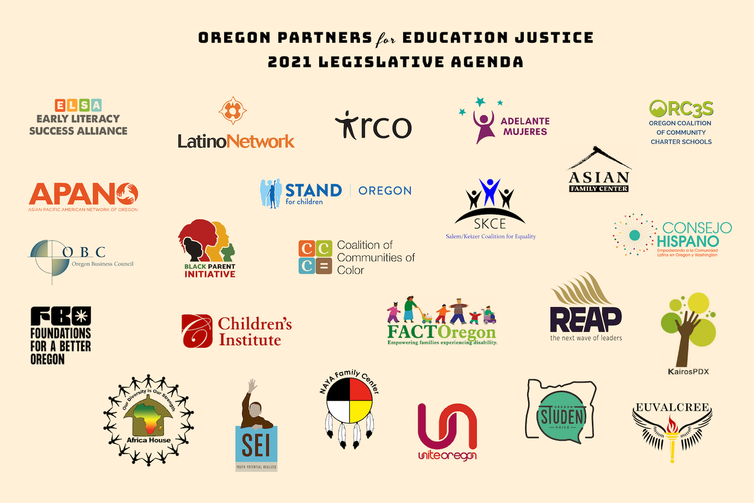 Over 20 organizations endorsed the Oregon Partners for Education Justice 2021 Legislative Agenda